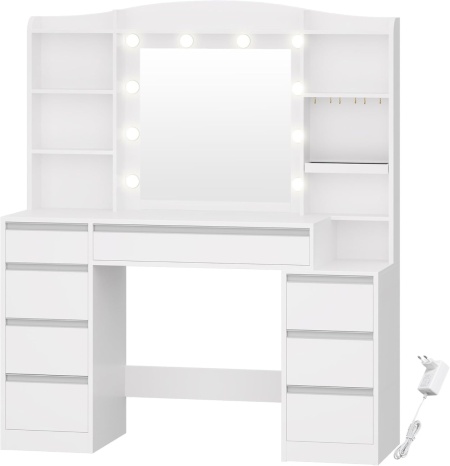 Masuta machiaj cu Oglinda LED si 8 Sertare pentru Cosmetice, Set Masa toaleta 120 cm, Alb, masuta cosmetica, vanity - SEA6 - Img 3