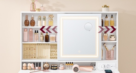 Masuta machiaj cu Oglinda LED si 9 Sertare pentru Cosmetice, Set Masa toaleta 110 cm, Alb, masuta cosmetica, vanity - SEA822 - Img 3