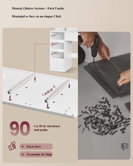 Masuta machiaj cu Oglinda LED si 9 Sertare pentru Cosmetice, Set Masa toaleta 110 cm, Alb, masuta cosmetica, vanity - SEA822 - Img 11