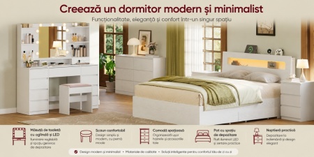Masuta machiaj cu Oglinda LED si 9 Sertare pentru Cosmetice, Set Masa toaleta 107 cm, Alb, masuta cosmetica, vanity - SEA11 - Img 10