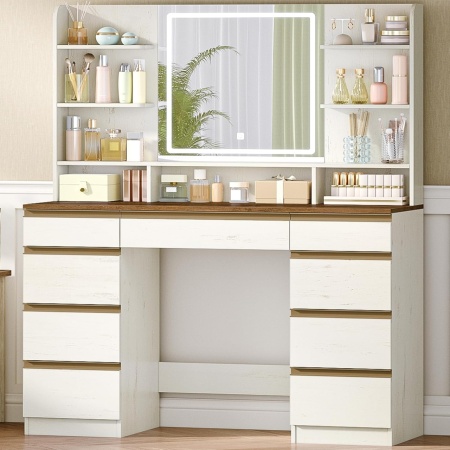 Masuta machiaj cu Oglinda LED si 9 Sertare pentru Cosmetice, Set Masa toaleta 109 cm, Alb, masuta cosmetica, vanity - SEA18 - Img 4