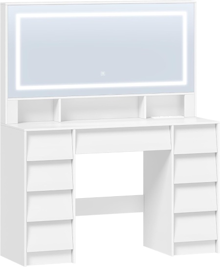 Masuta machiaj cu Oglinda LED si 9 Sertare pentru Cosmetice, Set Masa toaleta 109 cm, Alb, masuta cosmetica, vanity - SEA19 - Img 2