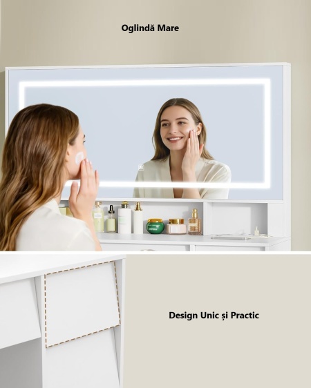 Masuta machiaj cu Oglinda LED si 9 Sertare pentru Cosmetice, Set Masa toaleta 109 cm, Alb, masuta cosmetica, vanity - SEA19 - Img 11