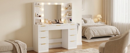 Masuta machiaj cu Oglinda LED si 9 Sertare pentru Cosmetice, Set Masa toaleta 108 cm, Alba sau Neagra cu Riflaj, masuta cosmetica cu Prize, USB, USB-C si Suport Uscator de Par, Suport Bijuterii vanity - SEA202 - Img 11