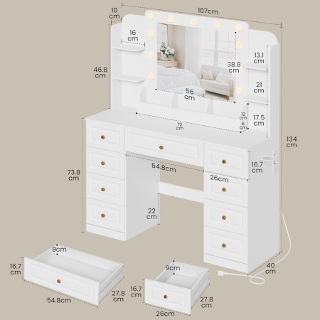Masuta machiaj cu Oglinda LED si 9 Sertare pentru Cosmetice, Set Masa toaleta 107 cm, Alb, masuta cosmetica cu Priza, USB si USB-C, vanity - SEA205 - Img 2