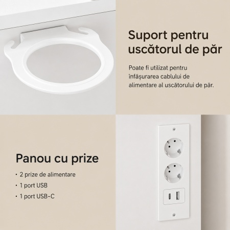 Masuta machiaj cu Oglinda LED si 9 Sertare pentru Cosmetice, Set Masa toaleta 107 cm, Alb, masuta cosmetica cu Priza, USB si USB-C, vanity - SEA205 - Img 11