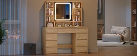Masuta machiaj cu Oglinda LED si 9 Sertare pentru Cosmetice, Set Masa toaleta 108 cm, cu Priza si USB, masuta cosmetica Maro, vanity cu Rafturi - SEM1 - Img 11