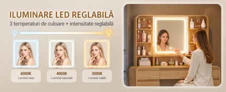 Masuta machiaj cu Oglinda LED si 9 Sertare pentru Cosmetice, Set Masa toaleta 108 cm, cu Priza si USB, masuta cosmetica Maro, vanity cu Rafturi - SEM1 - Img 10
