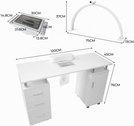 Masuta manichiura, 120 cm, masa cosmetica cu Aspirator incorporat, pernita - Alb - MANIA5 - Img 6