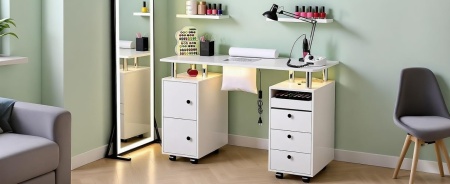 Masuta manichiura Alba,108 cm, birou, masa cosmetica pentru salon cu Aspirator Incorporat, Pernita si LED - MANIA213 - Img 10