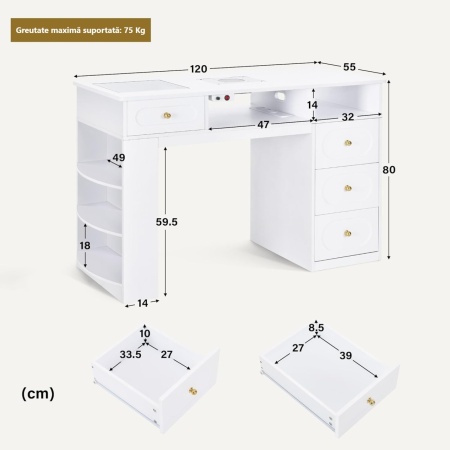 Masuta manichiura alba, 120 cm, cu aspirator incorporat, 3 Prize, 4 Sertare, masa cosmetica cu Rafturi - MANIA205 - Img 2