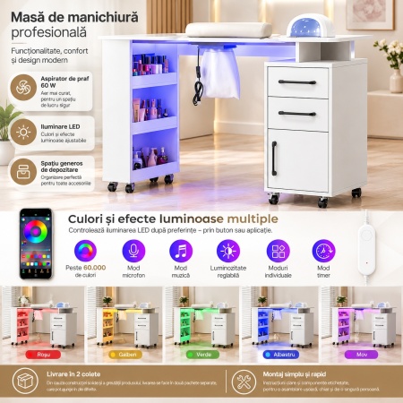 Masuta manichiura Alba / Roz / Neagra, 108 cm, birou cu LED, masa cosmetica pentru salon cu Aspirator Incorporat, Pernita si Rafturi deschise - MANIA216 - Img 8