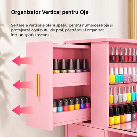 Masuta manichiura Alba / Roz / Neagra, 122 cm, birou cu Blat din Sticla, masa cosmetica pentru salon cu Aspirator Incorporat, Pernita si Vitrina din Sticla - MANIA214 - Img 6