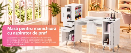 Masuta manichiura Alba / Roz / Neagra, 122 cm, birou cu Blat din Sticla, masa cosmetica pentru salon cu Aspirator Incorporat, Pernita si Vitrina din Sticla - MANIA214 - Img 9