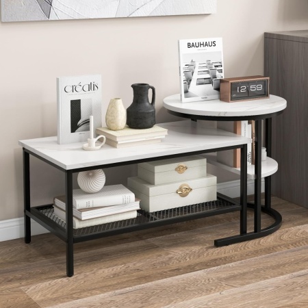 MCAU19 - Set 2 masute de cafea 80 cm si 52 cm, mese pentru living - Alb - Negru / Auriu - Img 6