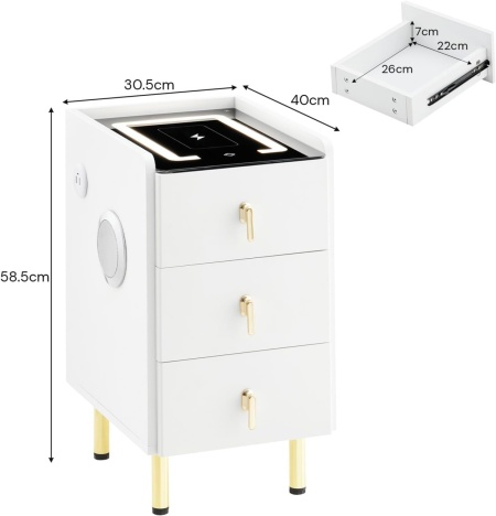 NOA1 - Set 2x Noptiere Smart, 30 cm, cu 3 sertare, LED, USB, Bluetooth, Incarcator Wireless, mobilier dormitor - Alb - Img 10