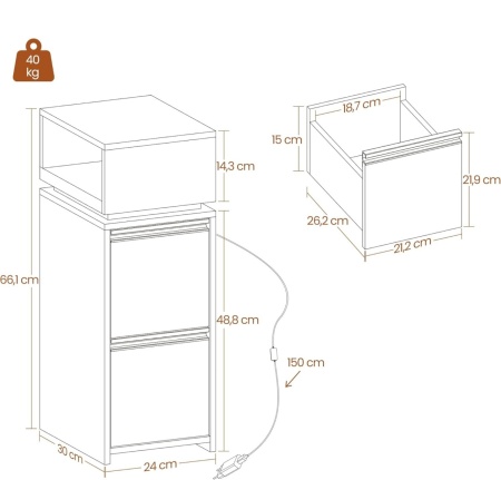 NOA201 - Set 2 Noptiere, 24 cm, foarte inguste, LED - Alb - Auriu - Img 11
