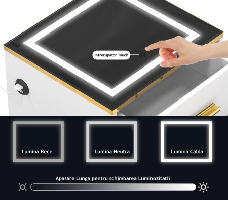 NOA226 - Noptiera alba 45 cm, cu 3 sertare, cu LED si USB pentru dormitor - Alb-Auriu - Img 7