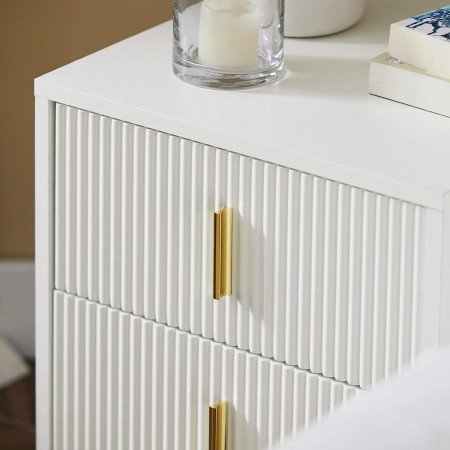 NOA29 - Set 2x Noptiere albe 40x40x47 cm, riflaje, cu sau fara Priza, cu 2 sertare, dormitor - Alb-Auriu - Img 2
