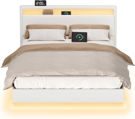 PAA2 - Pat tapitat, 140 / 160 x 200 cm cu USB, USB-C, LED, si Raft - Alb Piele Ecologica - Img 9