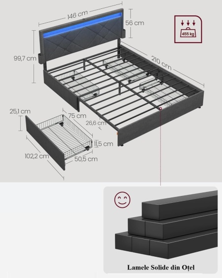 PAG2 - Pat tapitat, 140 sau 160 x 200 cm, cu 4 Sertare, LED, USB si USB-C, Organizatoare Carti - Gri - Img 7