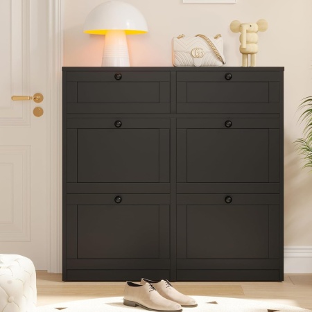 PANA31 - Pantofar 105cm ingust, 4 compartimente si 2 sertare, pantofare, depozitare pantofi, mobilier hol - Alb / Negru - Img 5