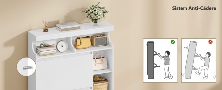 PANA34 - Pantofar 95 cm ingust, 2 compartimente si Rafturi, pantofare, depozitare pantofi, mobilier hol - Alb - Img 10