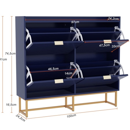 PANN5 - Pantofar 100 cm ingust, 4 compartimente, pantofare, depozitare pantofi, mobilier hol - Negru / Albastru / Gri - Auriu - Img 12