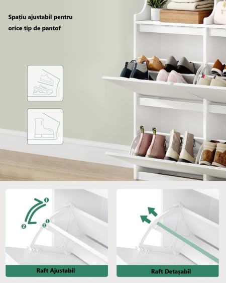 Pantofar alb sau maro, 100 cm ingust, 4 compartimente, Sertare si Rafturi, pantofare, depozitare pantofi, mobilier hol - PANA36 - Img 7