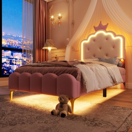 PARC203 - Pat tapitat cu LED, 90 / 140 x 200 cm - patut copii, fetite cu sau fara Spatiu depozitare sau Sertar - Piele ecologica Roz - Img 6