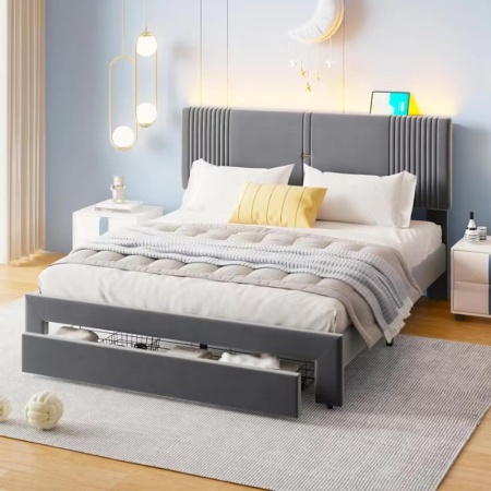 PARC205 - Pat tapitat cu LED si USB, 140 / 160 x 200 cm, cu Sertar - Gri - Img 6