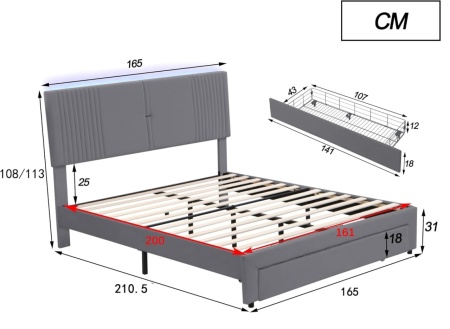 PARC205 - Pat tapitat cu LED si USB, 140 / 160 x 200 cm, cu Sertar - Gri - Img 11