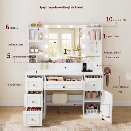 SEA203 - Masuta machiaj cu Oglinda LED, 5 Sertare pentru Cosmetice, Set Masa toaleta 108 cm, Alb, masuta cosmetica, vanity cu Priza si USB, Spuport Uscator Par - SEA203 - Img 2