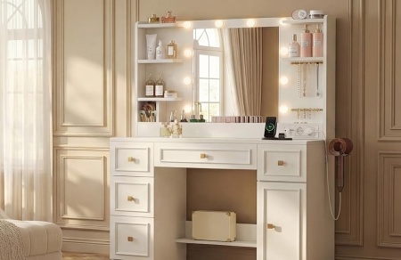 SEA203 - Masuta machiaj cu Oglinda LED, 6 Sertare pentru Cosmetice, Set Masa toaleta 108 cm, Alb, masuta cosmetica, vanity cu Priza si USB, Spuport Uscator Par - SEA203 - Img 7