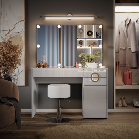 SEA440 - Set Masa toaleta, 115 cm, cosmetica machiaj, oglinda cu sau fara LED, masuta vanity, cu sau fara scaun - Alb Lucios
