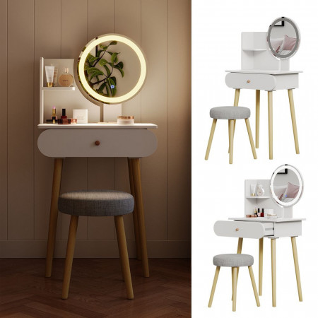 SEA448 - Set Masa toaleta 60 cm cosmetica machiaj, oglinda cu LED, masuta vanity - Alb - Img 4
