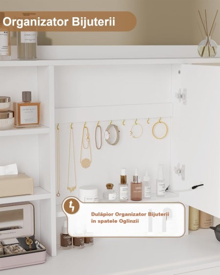 SEA827 - Set Masa toaleta 110 cm, cu Priza si USB, 5 Sertare, rafturi, Oglinda cu LED, Organizator Bijuterii, masuta vanity, make-up - Alb - Auriu - Img 8