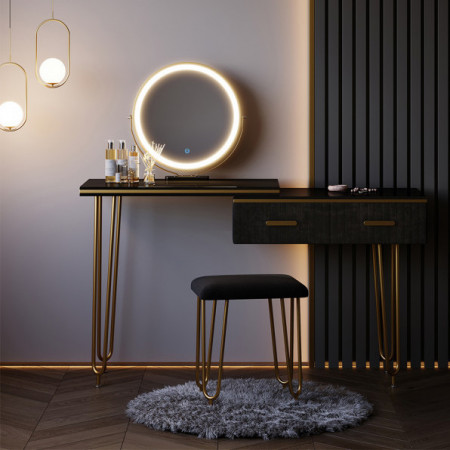 SEN238 - Set Masa toaleta, 120 cm, cosmetica machiaj, oglinda cu LED, masuta vanity, scaun tapitat - Negru-Auriu