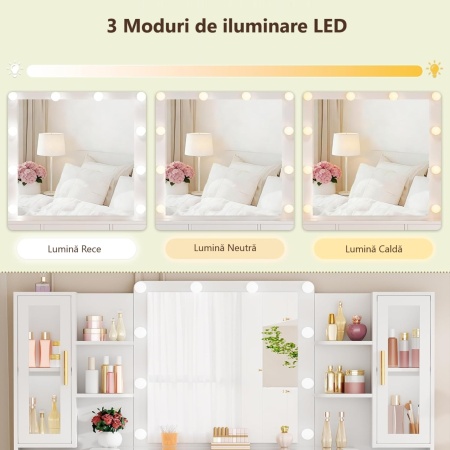 Set Masa toaleta alba 160 cm, cu Priza si USB, cosmetica, machiaj, oglinda cu LED, masuta vanity cu Blat de Sticla, make-up - SEA437 - Img 3