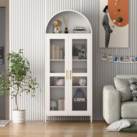 DUA205 - Vitrina 80 cm, Dulap rotund pentru birou, Biblioteca Living, Rafturi Dormitor, Dining, Hol - Alb - Img 8