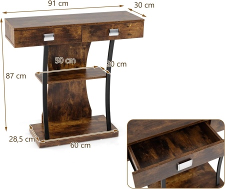 MACI17 - Masuta consola 91 cm, Masa hol cu 2 sertare - Maro, stil industrial - Img 3