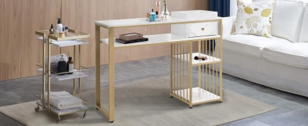 MANIAU210 - Masuta manichiura, 110 cm, birou, masa cosmetica pentru salon cu 1 Sertar si Tavita - Alb - Auriu - Img 8