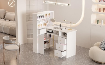 MANIAU211 - Masuta manichiura, 120 cm, birou, masa cosmetica pentru salon cu Aspirator Incorporat, Priza, LED, Sertare si Rafturi - Alb - Auriu - Img 9