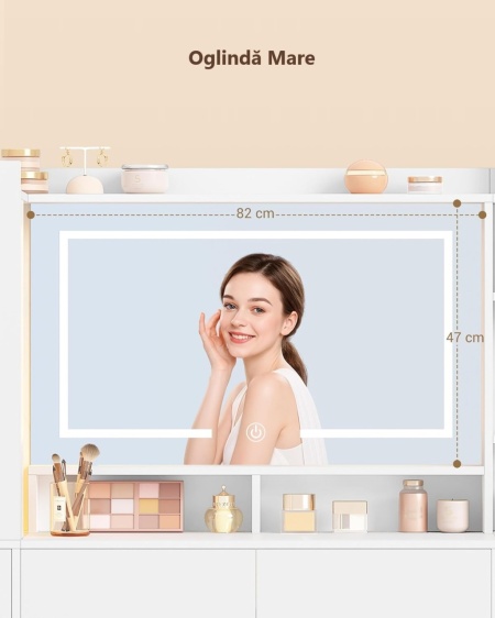 Masuta de machiaj 140 cm, cu Oglinda LED si 10 Sertare pentru Cosmetice, Set Masa toaleta Alba, masuta cosmetica, vanity cu dulapior si rafturi - SEA20 - Img 7
