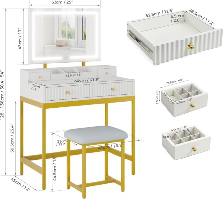 Masuta machiaj alba cu Oglinda LED si 4 Sertare pentru Cosmetice, Set Masa toaleta 80 cm, masuta cosmetica cu Riflaj, vanity - SEA826 - Img 2