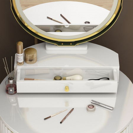 Masuta machiaj cu Oglinda LED si 1 Sertar pentru Cosmetice, Set Masa toaleta 60 cm, Alb, masuta vanity cu Riflaj, cosmetica - SEA459 - Img 5