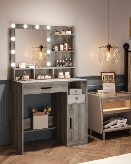 Masuta machiaj cu Oglinda LED si 1 Sertar pentru Cosmetice, Set Masa toaleta 80 cm, Alb / Negru / Gri, masuta cosmetica, vanity - SEG19 - Img 9