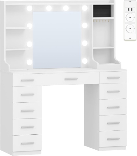 Masuta machiaj cu Oglinda LED si 11 Sertare pentru Cosmetice, Set Masa toaleta 108 cm, Alb, masuta cosmetica, vanity - SEA9 - Img 3
