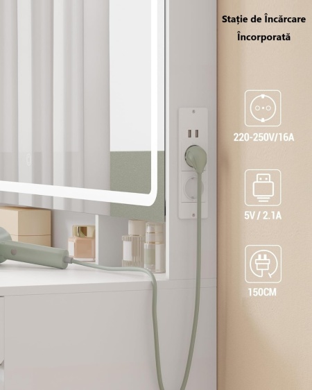 Masuta machiaj cu Oglinda LED si 11 Sertare pentru Cosmetice, Set Masa toaleta 108 cm, Alb, masuta cosmetica, vanity cu Priza si USB - SEA12 - Img 9
