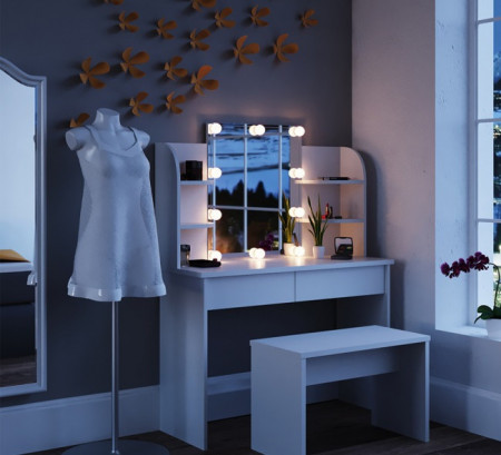 Masuta machiaj cu Oglinda LED si 2 Sertare pentru Cosmetice, Alb, masuta cosmetica, vanity - SEA251 - Img 3